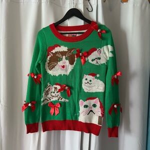 Tipsy Elves Ugly Christmas Sweater - Cats and Bells - Holiday Funny Warm Festive